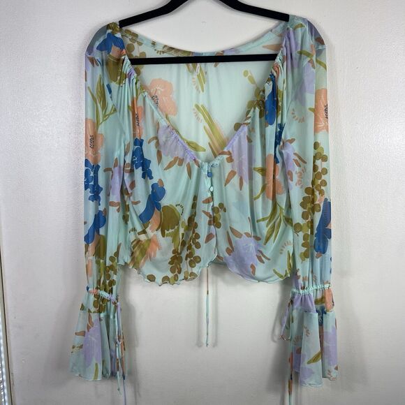 Free People Paradise Floral Print Tie Button Front‎ Top Women's Size S Sheer - Picture 1 of 16